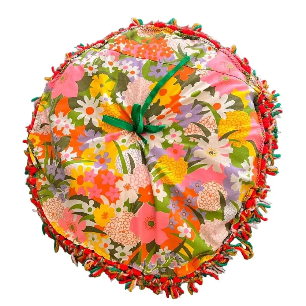 Vintage 70s Crochet Pillow Handmade Round Flower Power Fringe Floral 17 Inches